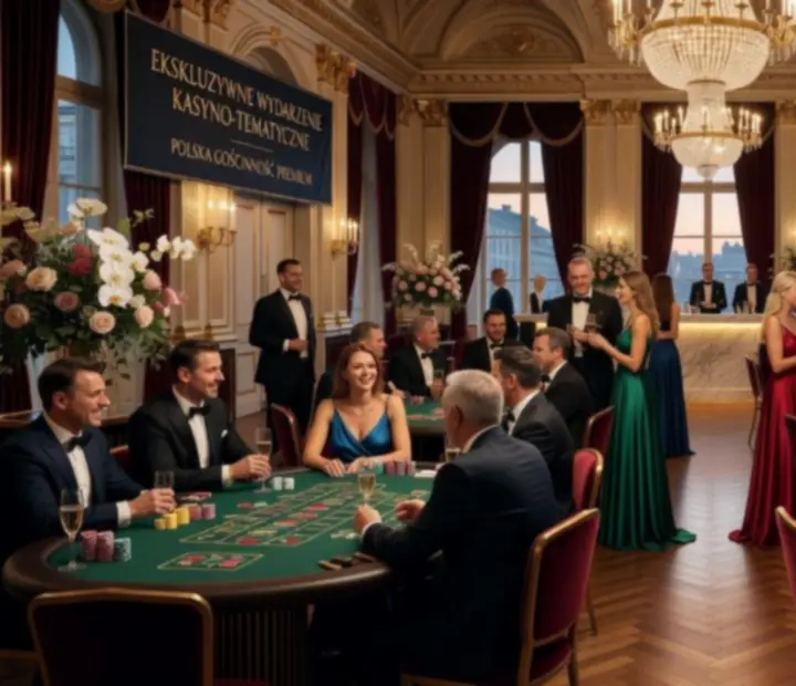 Elegancki event w stylu kasynowym z gośćmi przy stołach do gry