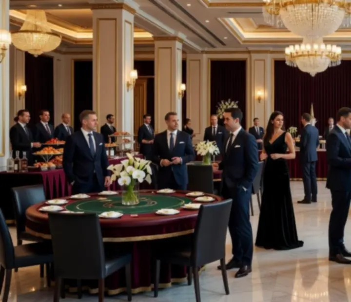 Stylowy event korporacyjny w eleganckiej sali bankietowej z gośćmi przy stołach i efektownym oświetleniem