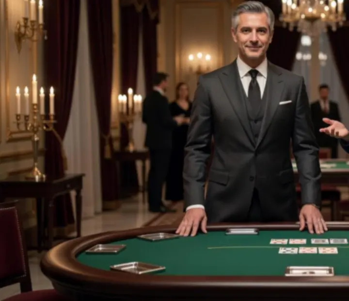 Profesjonalny krupier i hostessa przy eleganckim stole pokerowym podczas eventu