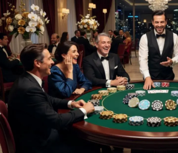 Grupa gości przy stole pokerowym bawiących się symbolicznymi żetonami