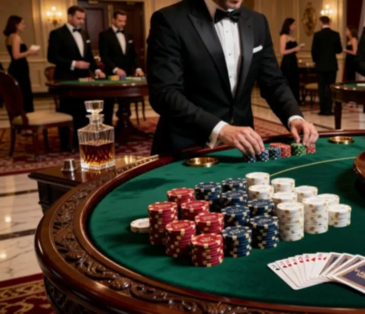 Ekskluzywne stoły pokerowe i ruletka z symbolicznymi żetonami